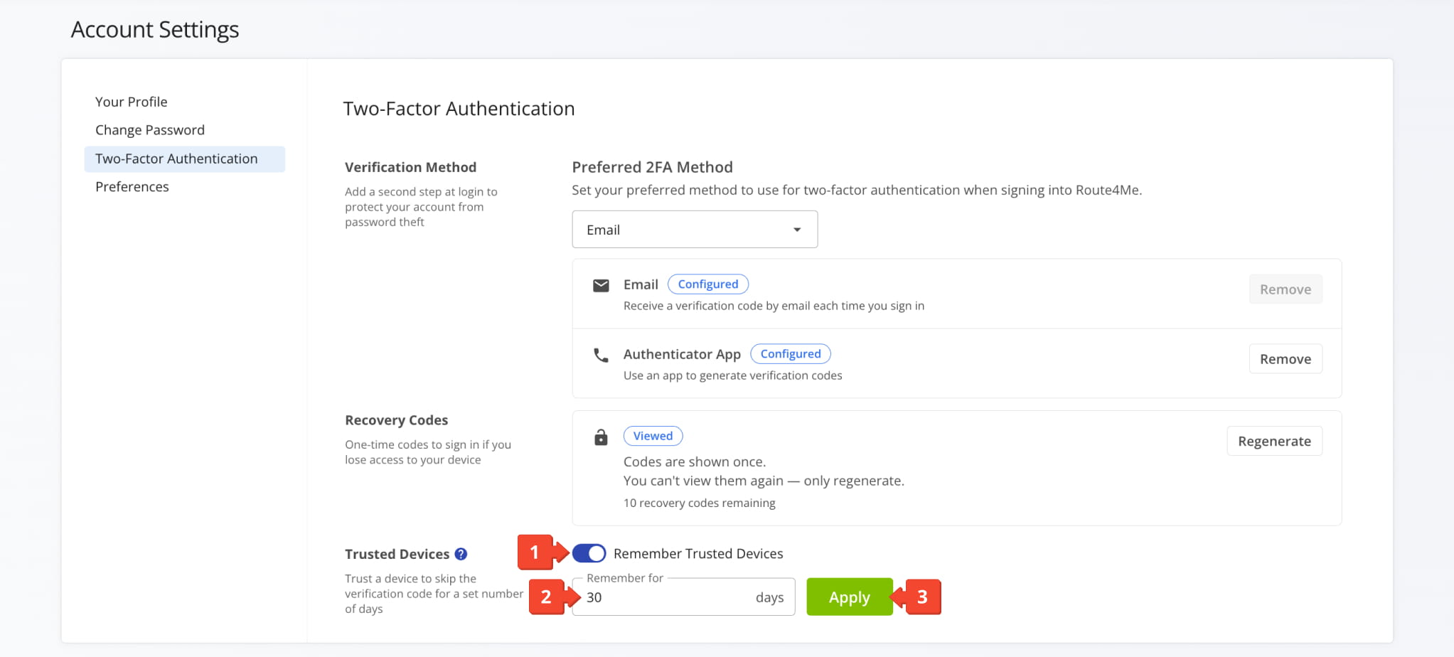 Turning on Remember Trusted Devices and setting the number of days in Route4Me 2FA settings.