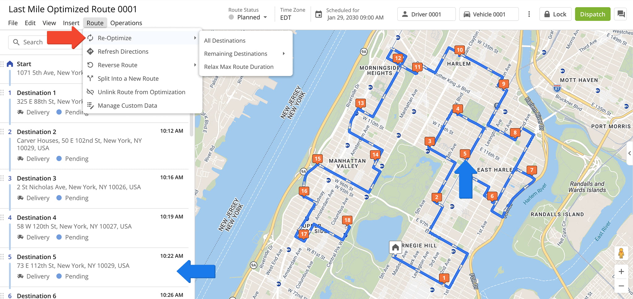After re-sequencing a destination, re-optimize the route to ensure the most efficient path.