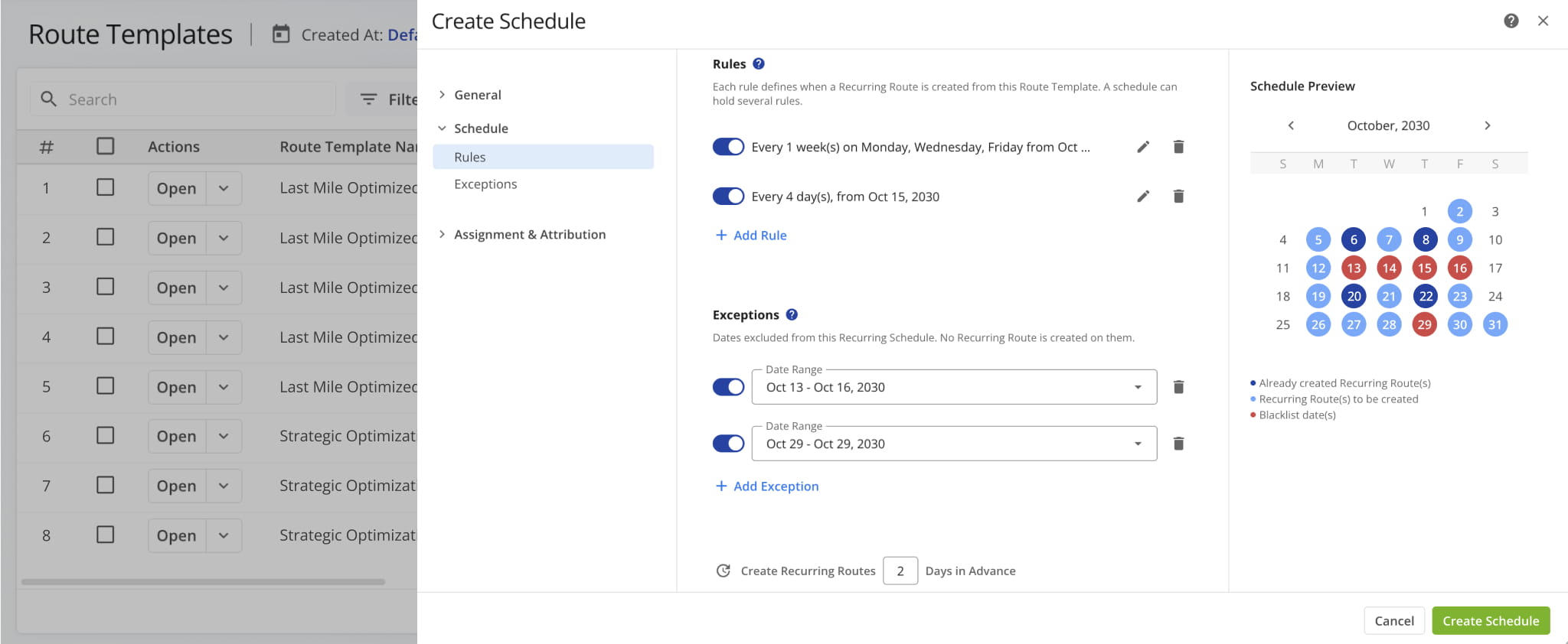 Use the Recurring Routes Schedule Editor to configure your Recurring Schedule.