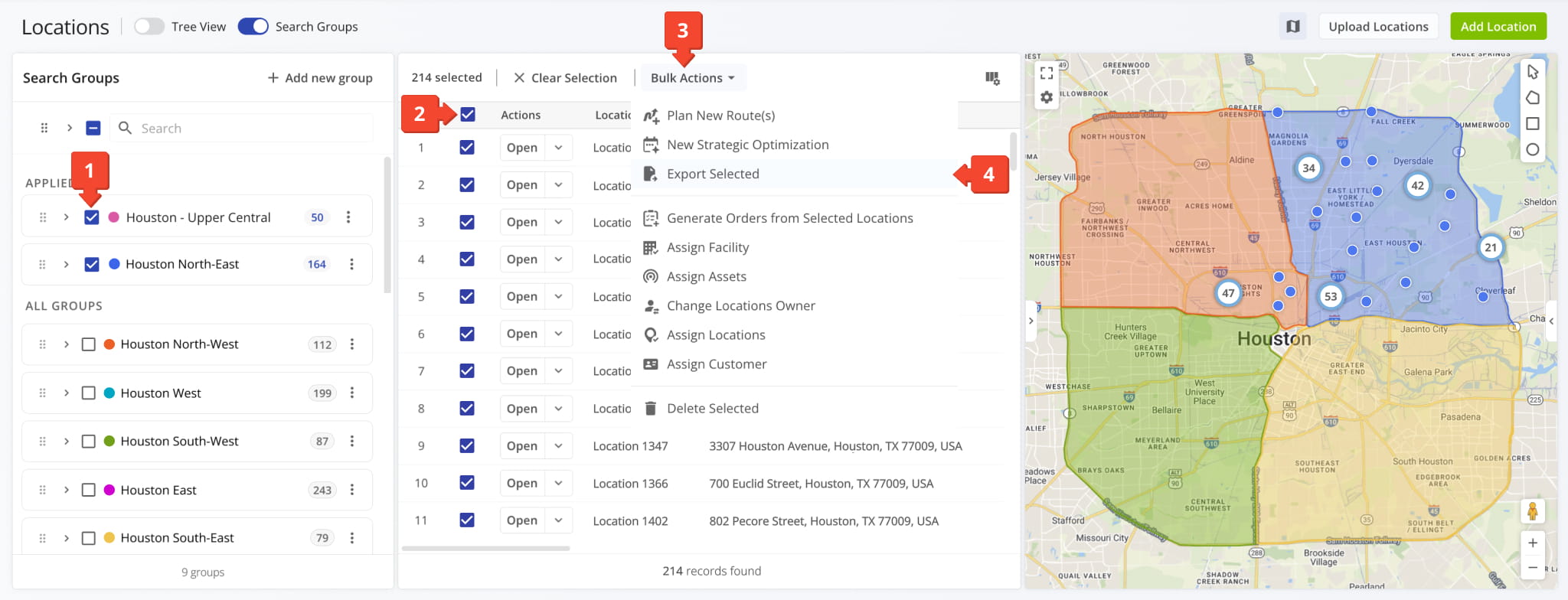 Locations Page with a Search Group applied, 214 Locations selected, and Export Selected highlighted in the Bulk Actions menu.