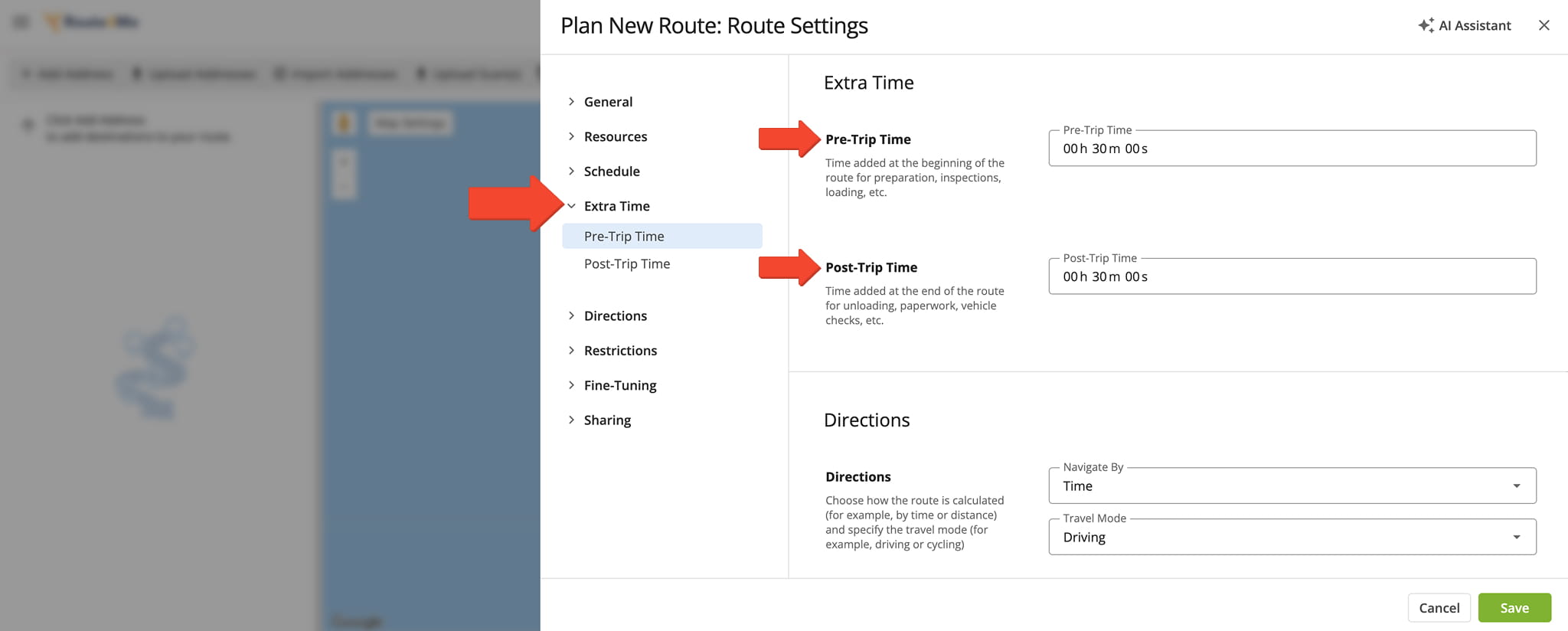 Configure pre- and post-trip tile in manual route settings.