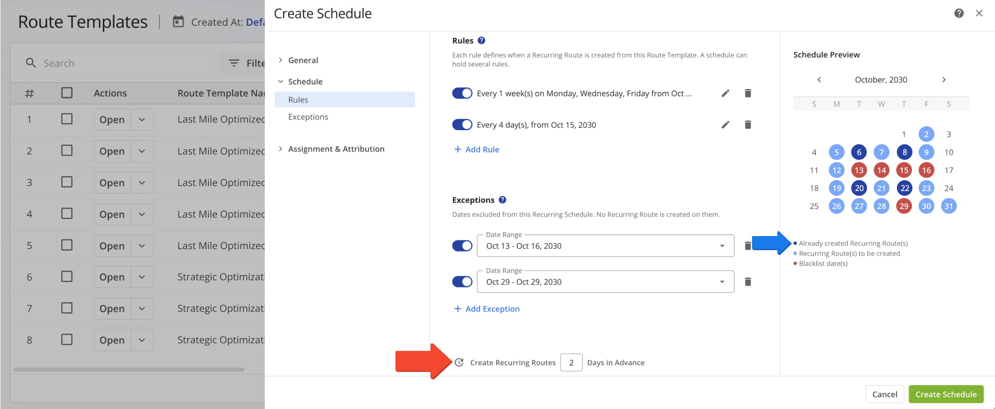 You can predefine the number of days in advance you would like to create recurring routes.