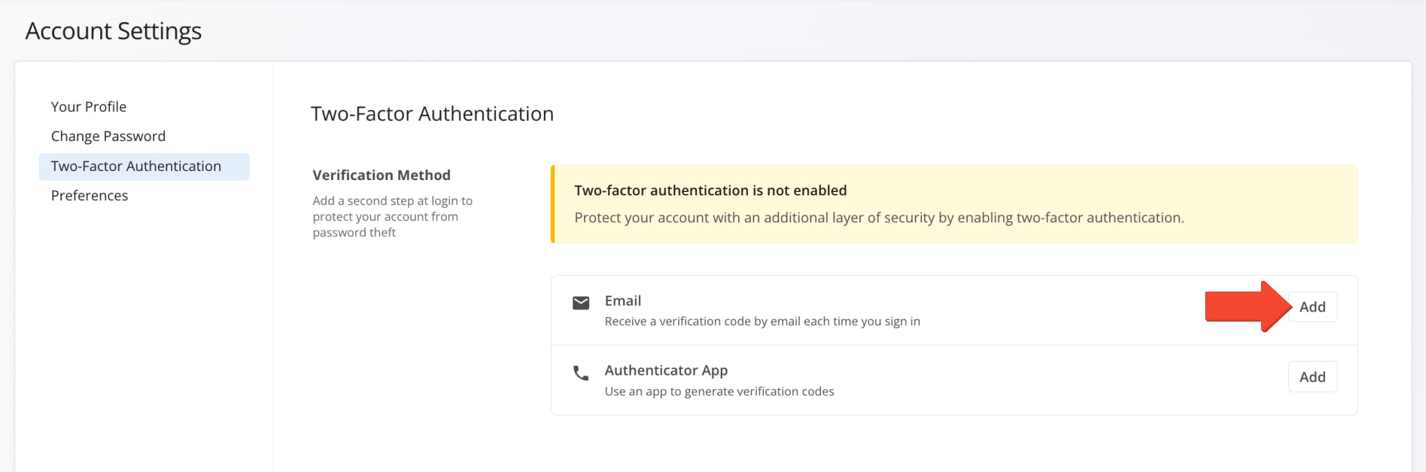 Adding email as a 2FA verification method in Route4Me Account Settings.