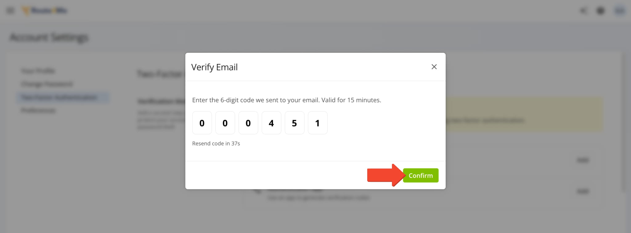 Entering the 6-digit email verification code in the Verify Email window to add email 2FA.