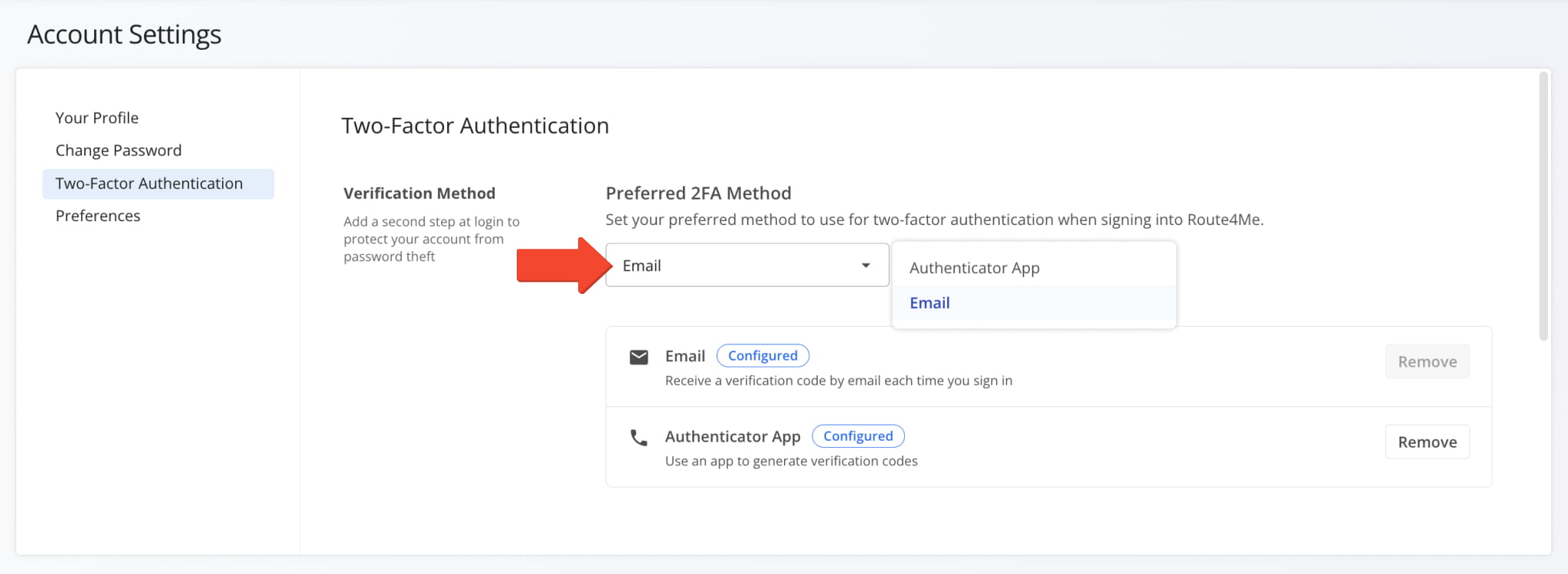 Selecting the preferred 2FA method from the dropdown in Route4Me Account Settings.